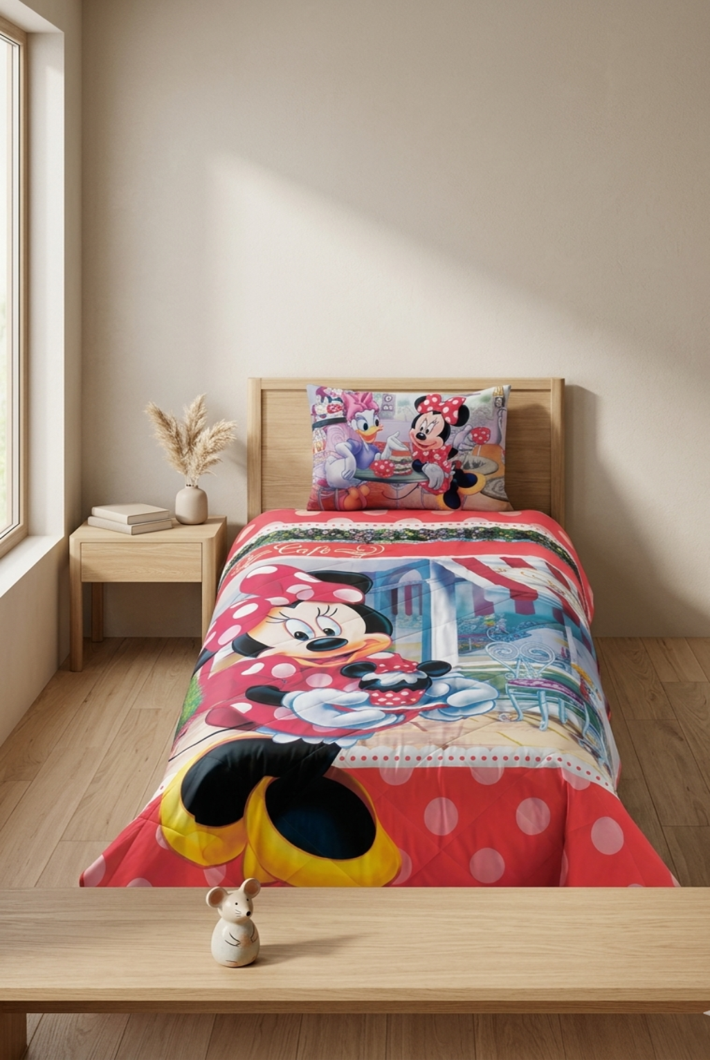 Children's bedroom with a bed featuring Minnie Mouse bedding and decor.