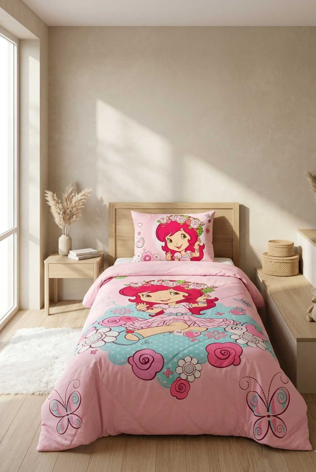 Children's bedroom with pink and floral-themed bedding set on a bed.