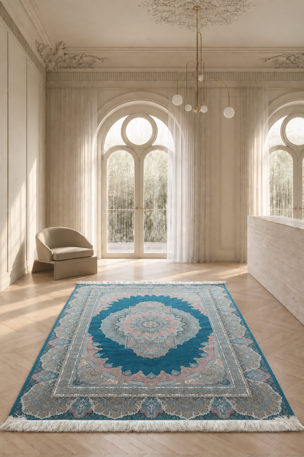 Qum Imperial Turquoise Jewel Medallion Bamboo Silk Carpet – Persian Palace Floral Masterpiece in Deep Teal Blue, Ivory, Rose & Antique Gold