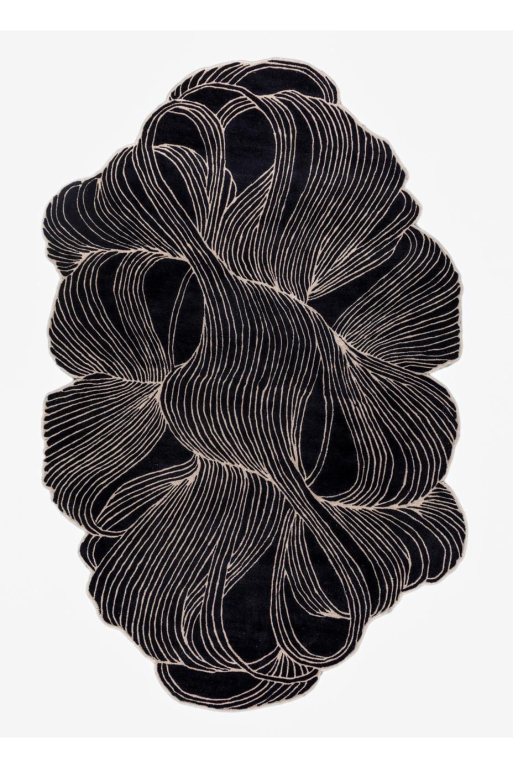 Obsidian Flow Organic Irregular Abstract Area Rug – Luxury Contemporary Sculpted Designer Carpet in Black & Ivory