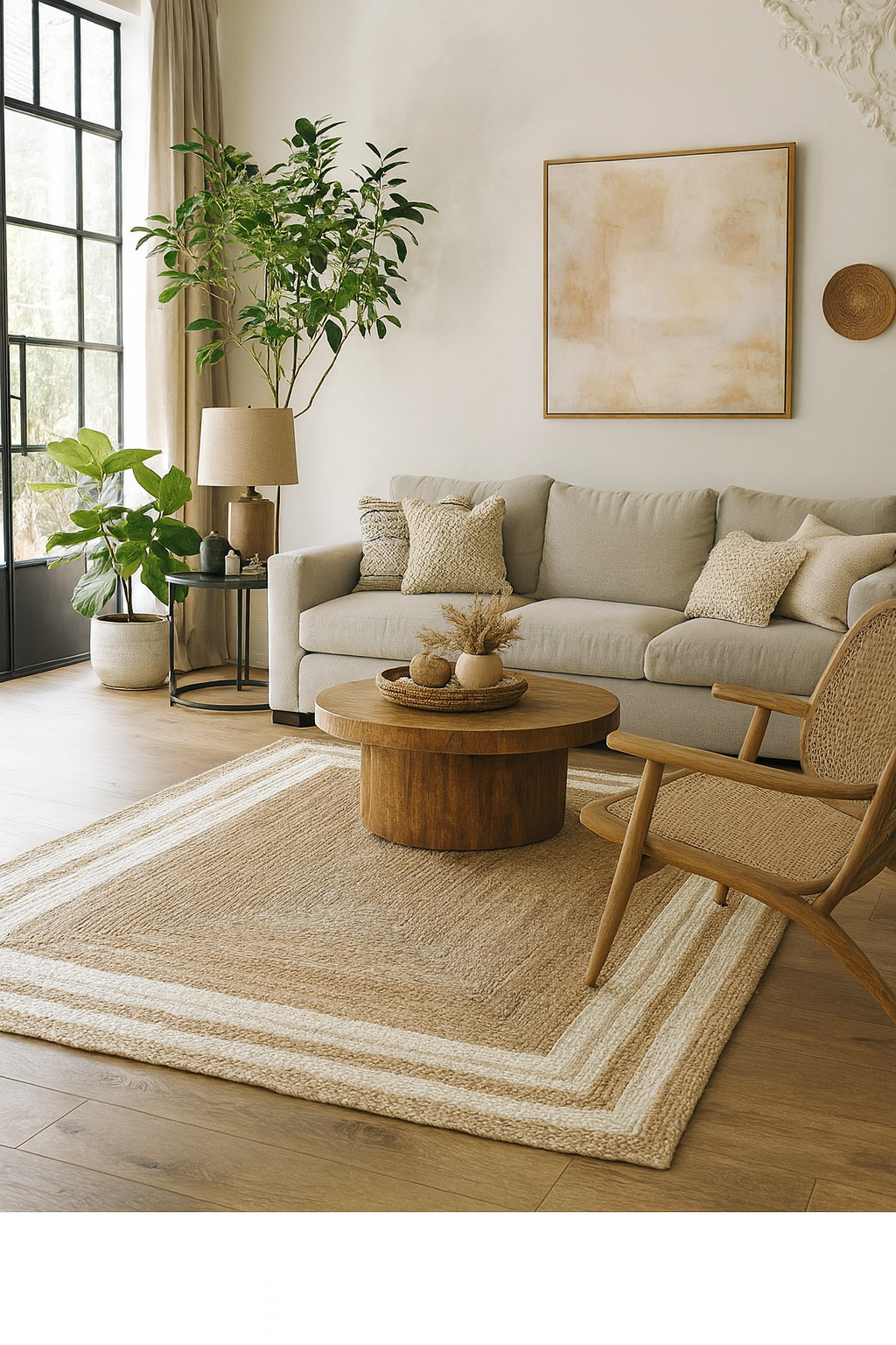 Jute Horizon Natural Border Rug – IC-18407 | Handwoven Organic Charm