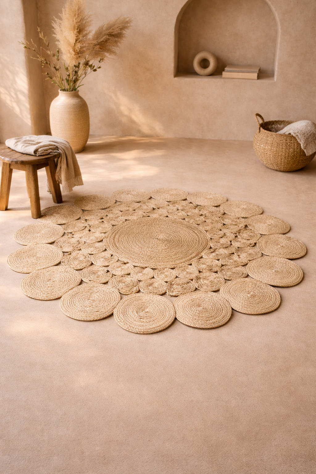 Jute 18412 Natural Round Carpet – Handmade Braided Jute Floral Pattern Rug for Living Room & Entryway