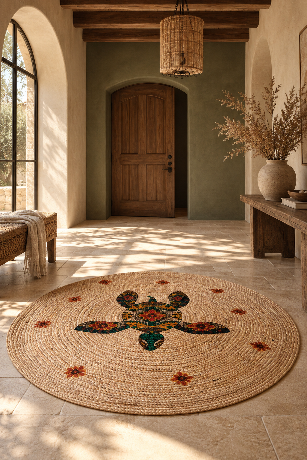 Jute 17987 Natural Multi Round Carpet – Handmade Colorful Braided Jute Rug for Living Room & Bedroom