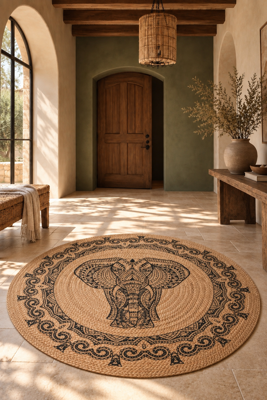 Jute 17986 Natural Black Round Carpet – Handmade Braided Jute Rug with Tribal Elephant Design for Living Room & Entryway