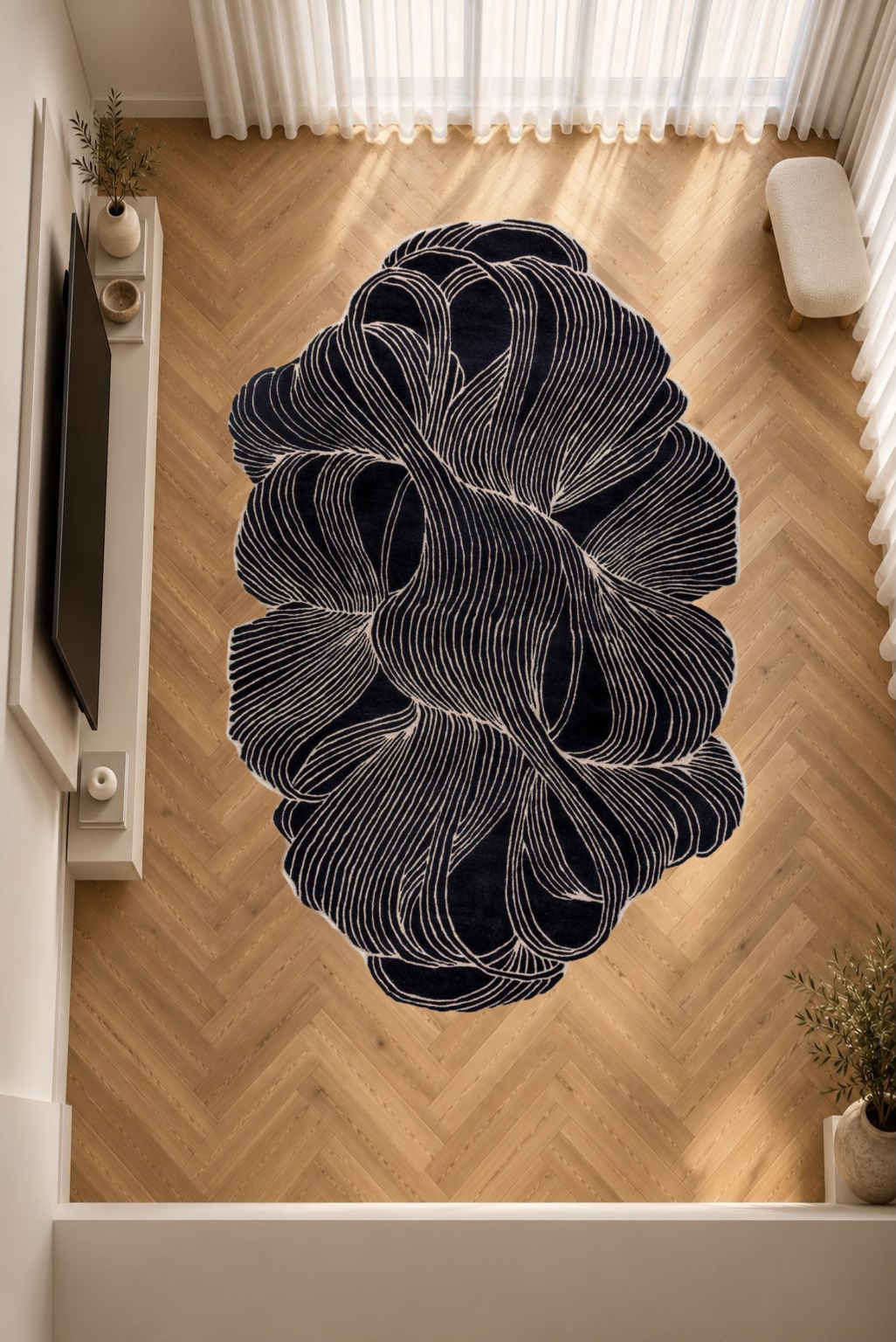 Obsidian Flow Organic Irregular Abstract Area Rug – Luxury Contemporary Sculpted Designer Carpet in Black & Ivory