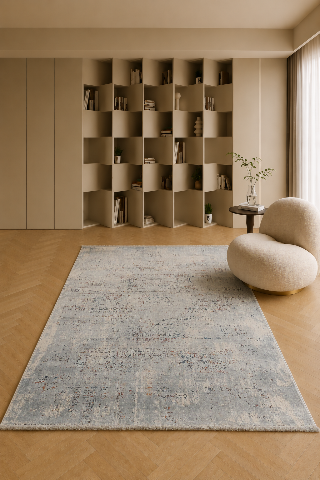Urbino 98 “Silver Mirage” Grey Abstract Carpet – Contemporary Distressed Area Rug in Mist Grey, Soft Silver, Ivory, Muted Blue & Subtle Rust Accents