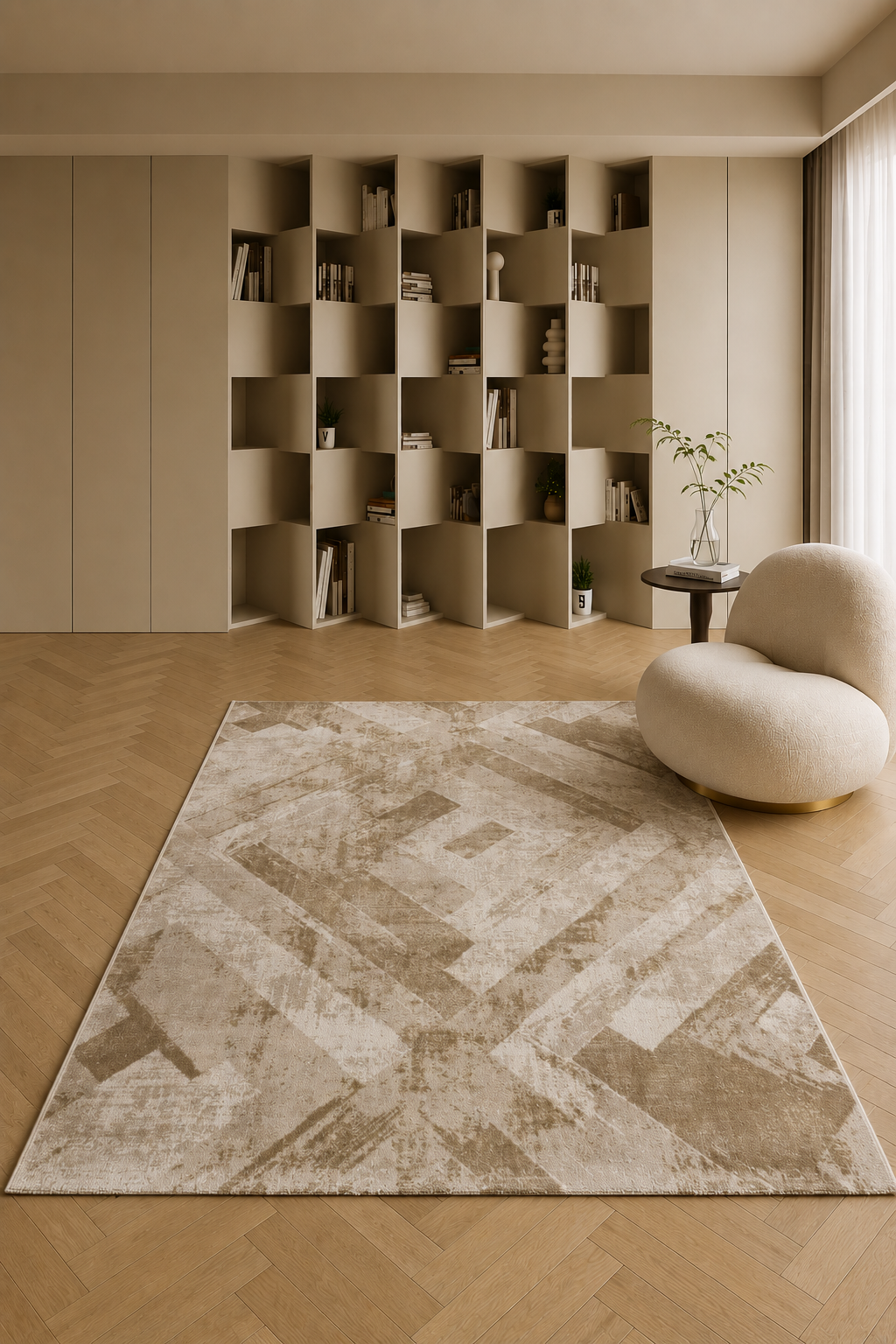 Urbino 407 “Golden Geometry” Modern Abstract Rug – Beige & Gold Geometric Area Carpet