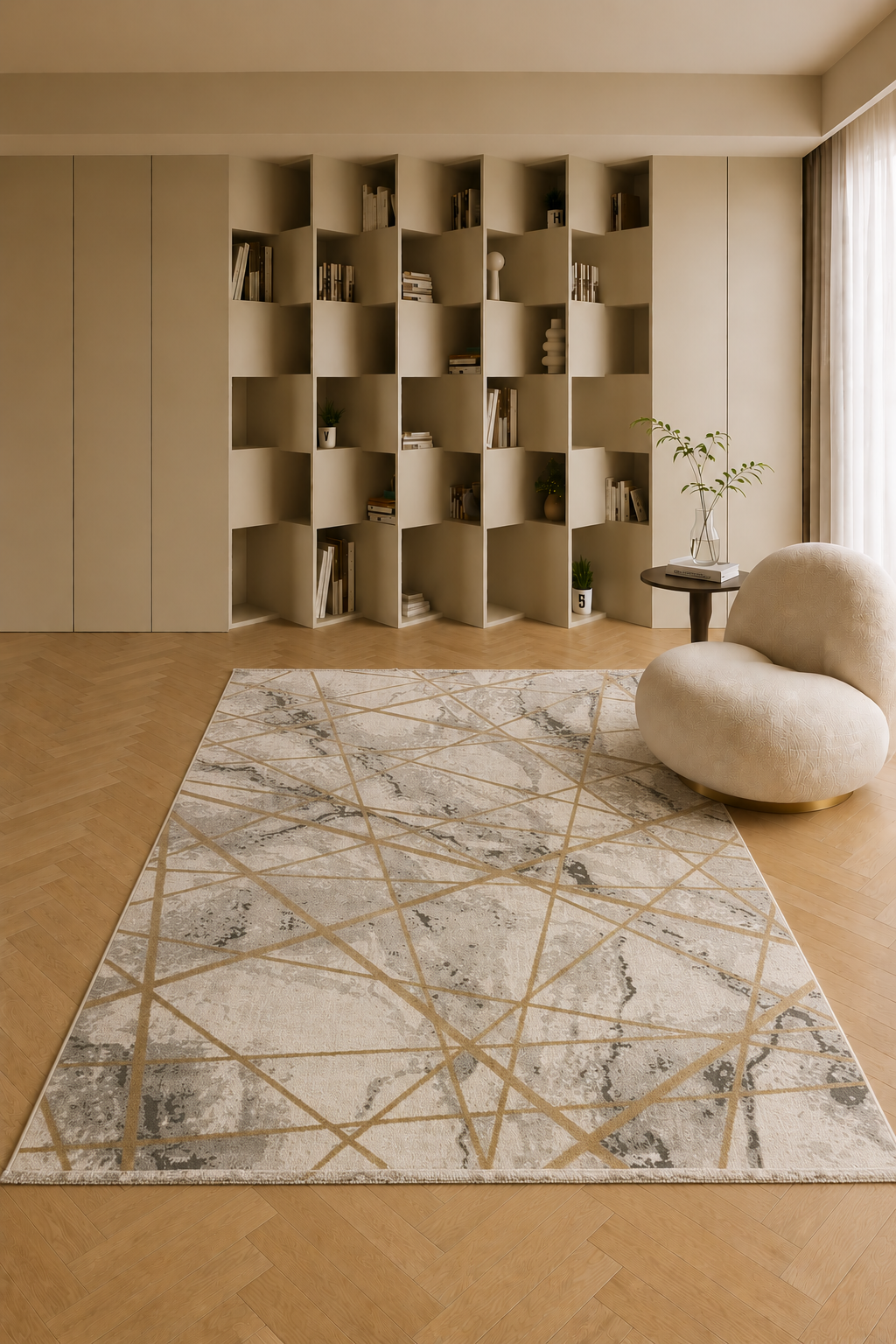 Urbino 607 “Golden Lines” Modern Marble Rug – Grey & Gold Abstract Geometric Area Carpet