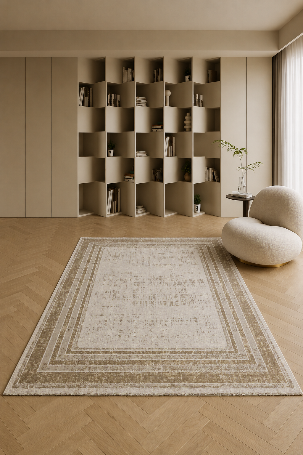 Urbino 83 “Golden Frame” Modern Abstract Rug – Beige & Gold Contemporary Area Carpet
