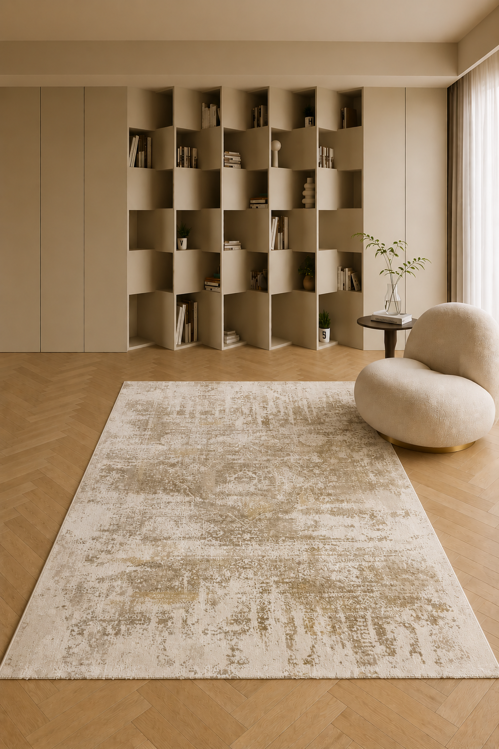 Urbino 98 “Golden Heritage” Modern Vintage Rug – Beige & Gold Distressed Area Carpet