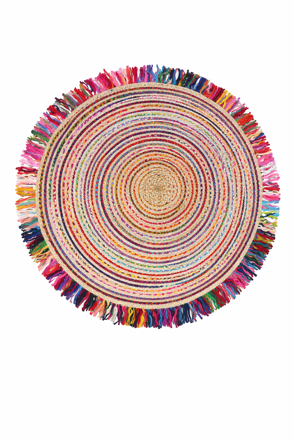 Jute 18413 Natural Multi Round Carpet – Handmade Braided Colorful Jute Rug with Fringe for Living Room & Bedroom