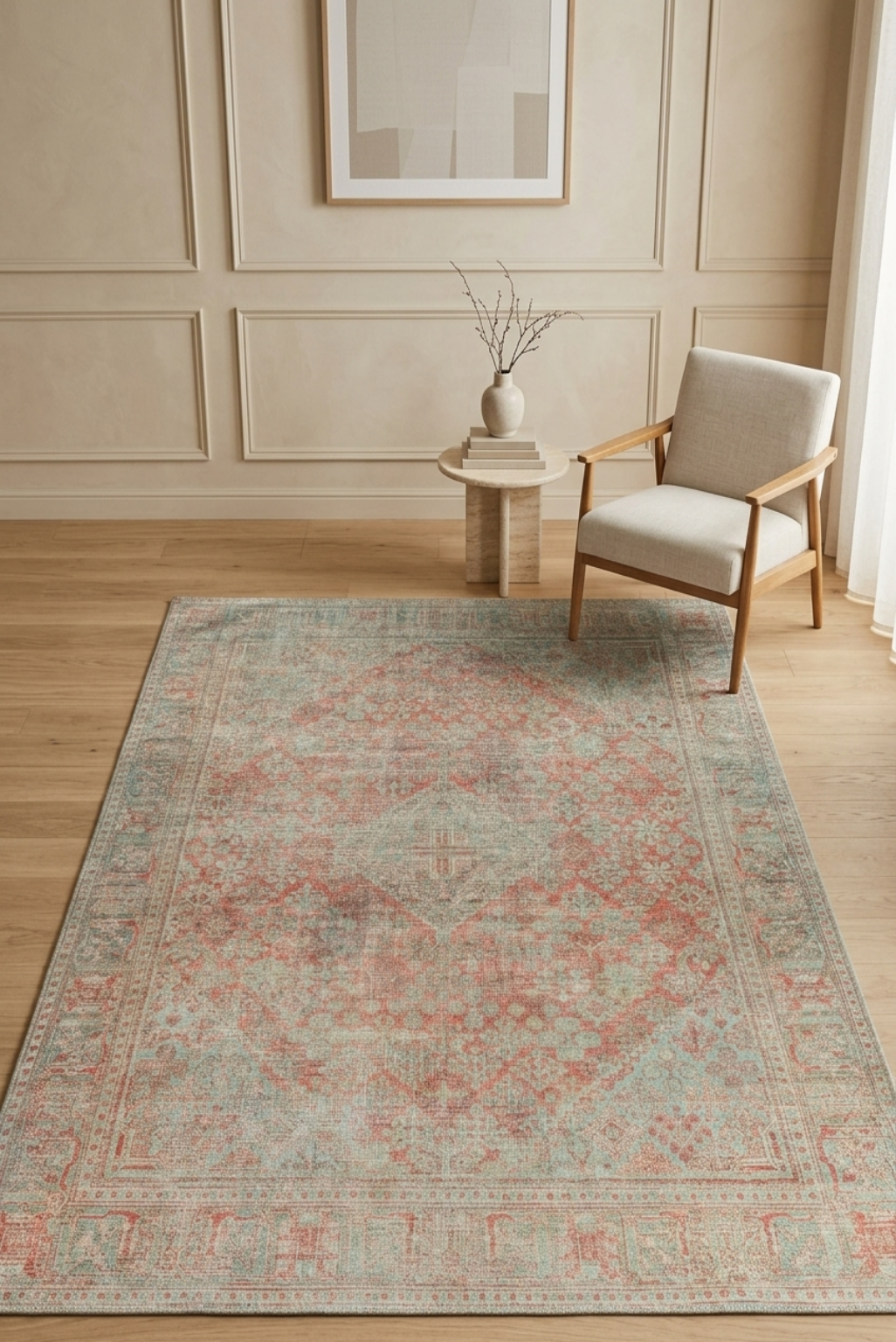 Vintage Coral Mist Medallion Carpet – Spill-Proof & Machine Washable Oriental Rug in Soft Sage & Terracotta