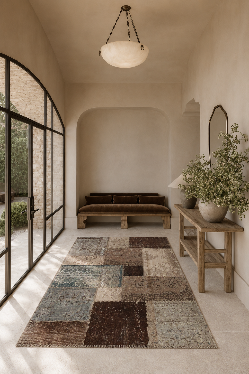 Karkayama Heritage Vintage Patchwork Area Rug – Luxury Persian-Inspired Carpet in Earth Brown, Ivory, Taupe & Aqua Blue