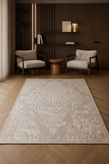 Farasha Ivory Serenity Royal Damask Carpet – Elegant Sculpted Floral Medallion Area Rug in Pearl Ivory, Soft Beige & Warm Cream Tones