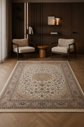 Fibressa Rosewood Imperial Garden Medallion Carpet – Luxurious Vintage Persian-Inspired Floral Area Rug in Warm Ivory, Antique Rose, Soft Beige, Mocha Brown & Charcoal Accents