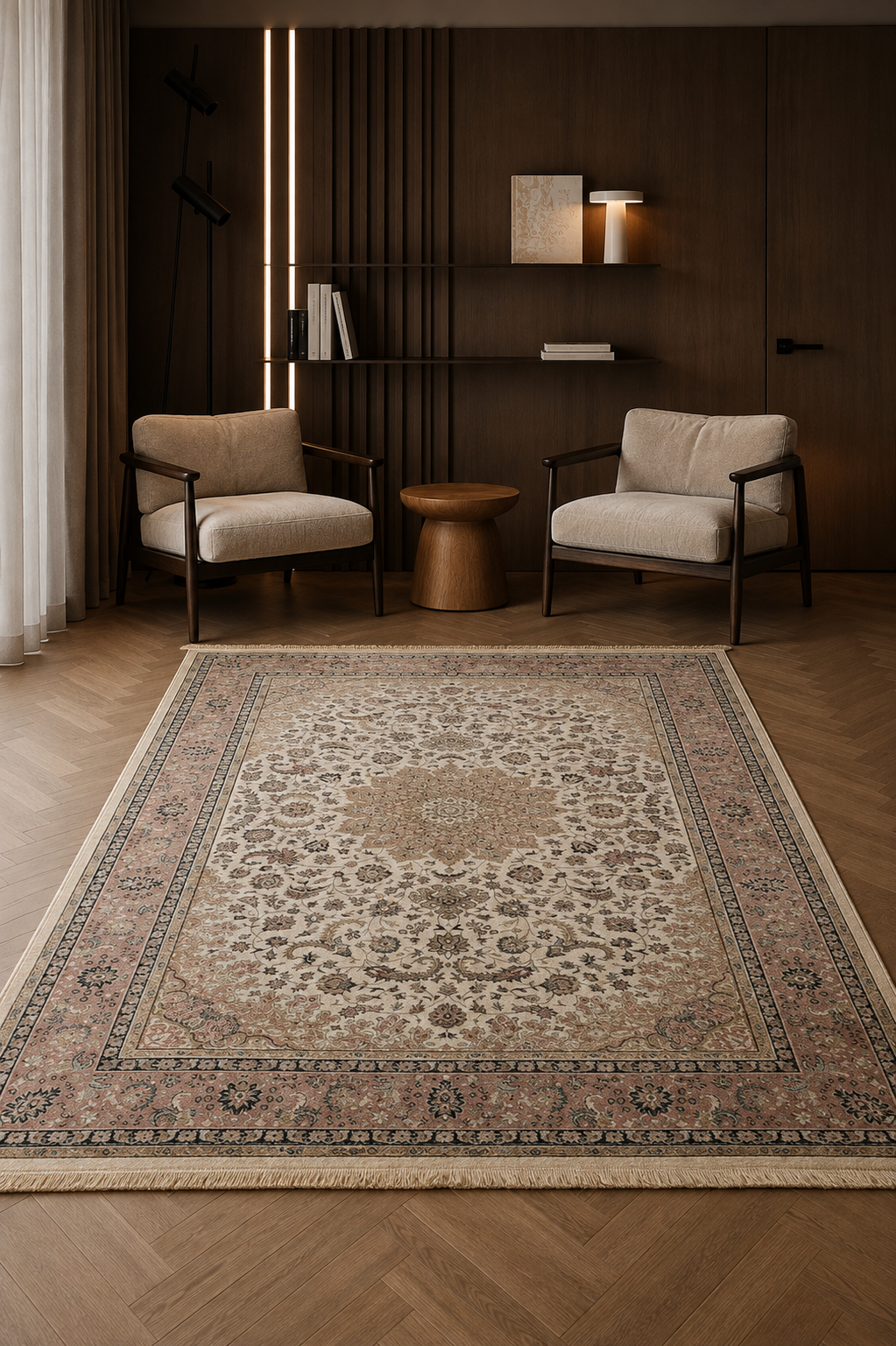 Fibressa Rosewood Imperial Garden Medallion Carpet – Luxurious Vintage Persian-Inspired Floral Area Rug in Warm Ivory, Antique Rose, Soft Beige, Mocha Brown & Charcoal Accents