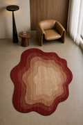 Crimson Aura Sculptural Organic Irregular Shape Area Rug – Contemporary Abstract Layered Carpet in Ruby Red, Terracotta, Warm Beige & Golden Accents