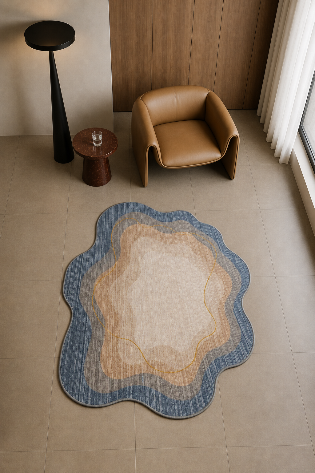 Celestial Tide Sculptural Organic Irregular Area Rug – Contemporary Abstract Freeform Carpet in Ocean Blue, Warm Sand, Stone Grey, Ivory & Delicate Gold Accents
