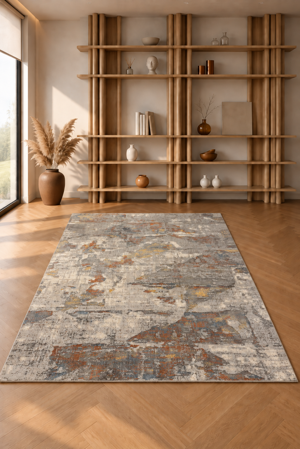 Porto Urban Patina Abstract Area Rug – Luxury Modern Carpet in Ivory, Charcoal Grey, Slate Blue, Rust Orange & Antique Gold