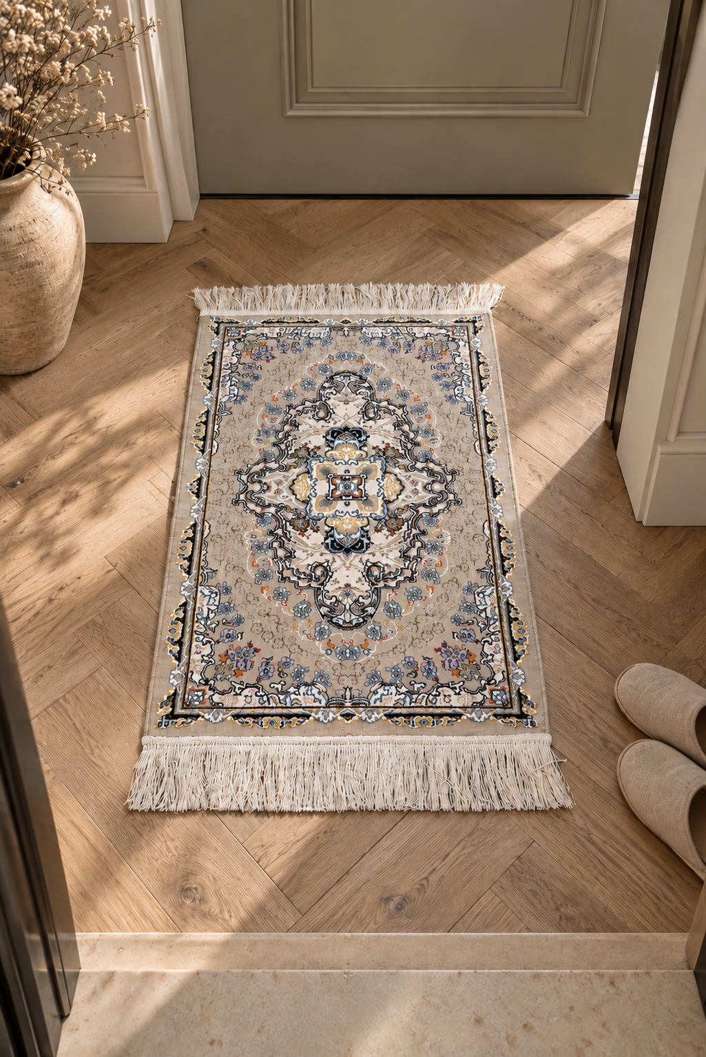 Esfahan Imperial Floral Medallion Beige Machine-Made Persian Style Carpet with Elegant Fringe Finish