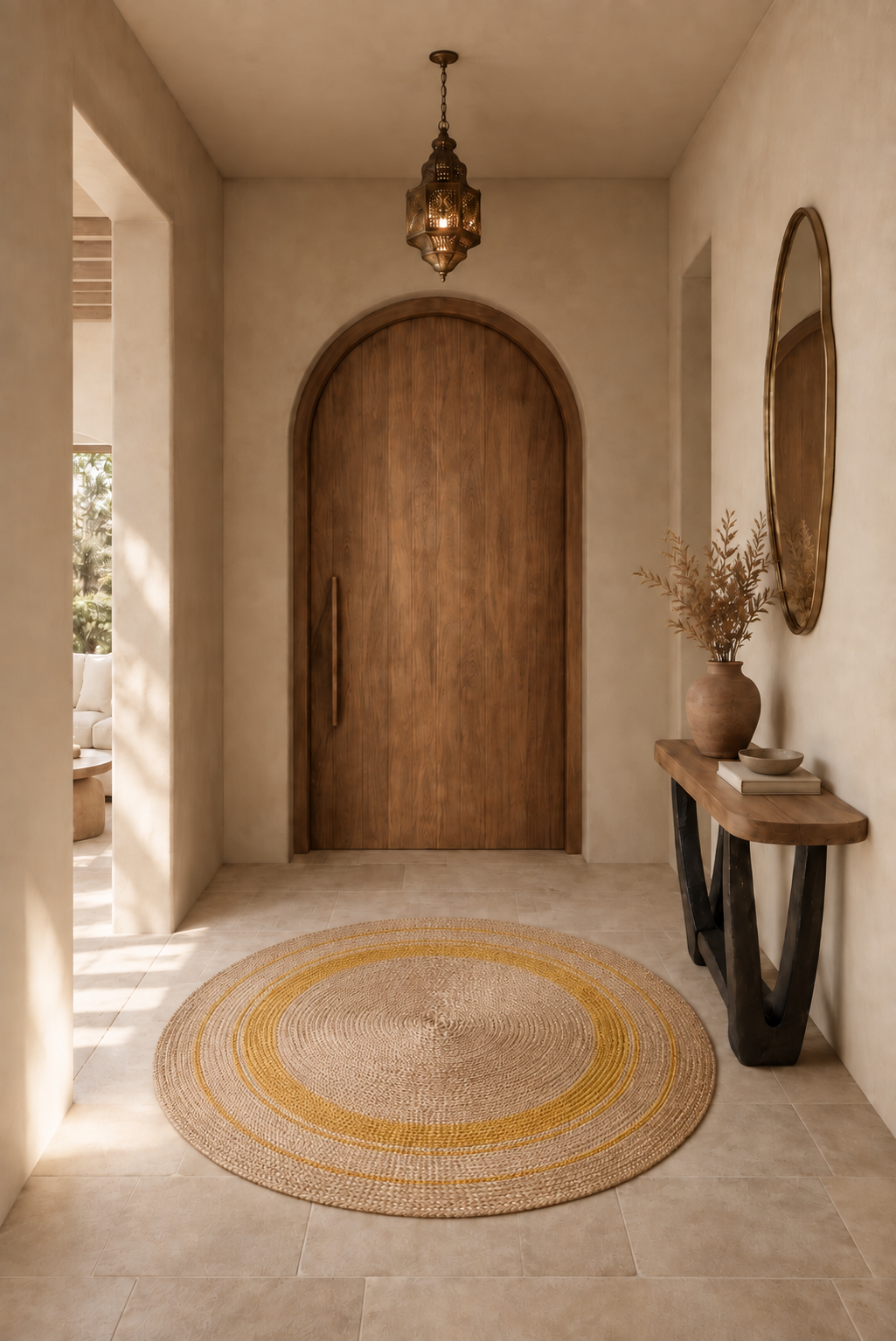 Jute 18416 Natural Yellow Round Carpet – Handmade Jute Area Rug with Warm Mustard Accents for Living Room & Entryway