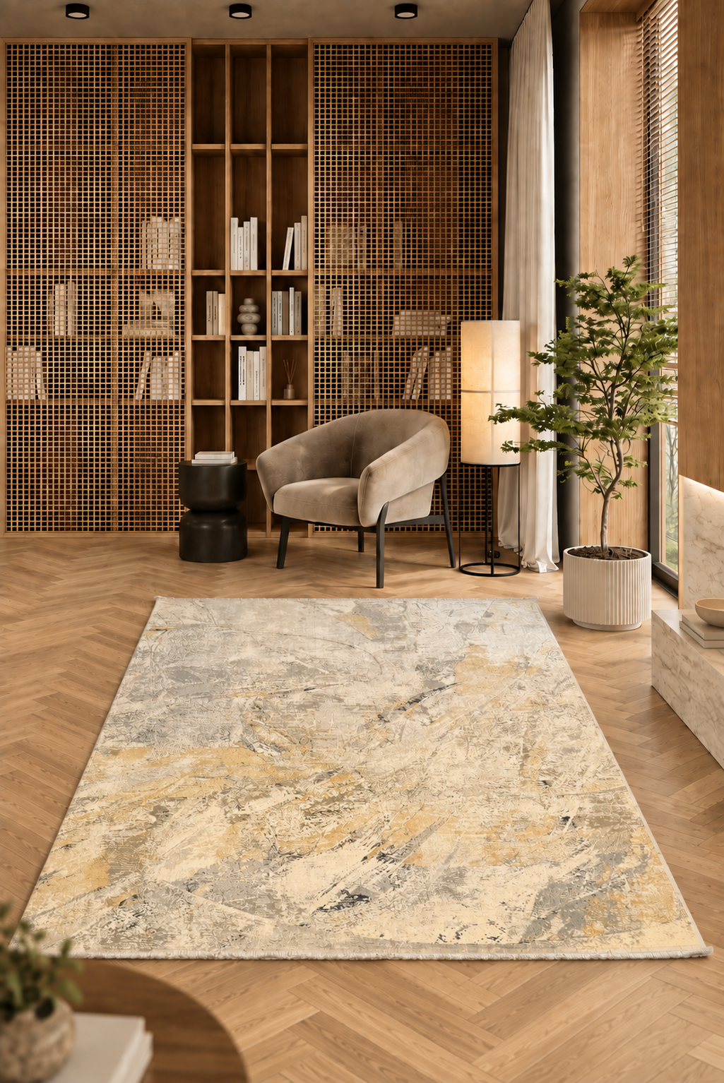Leon “Golden Veil” Thin Art Silk Carpet – Modern Abstract Elegance
