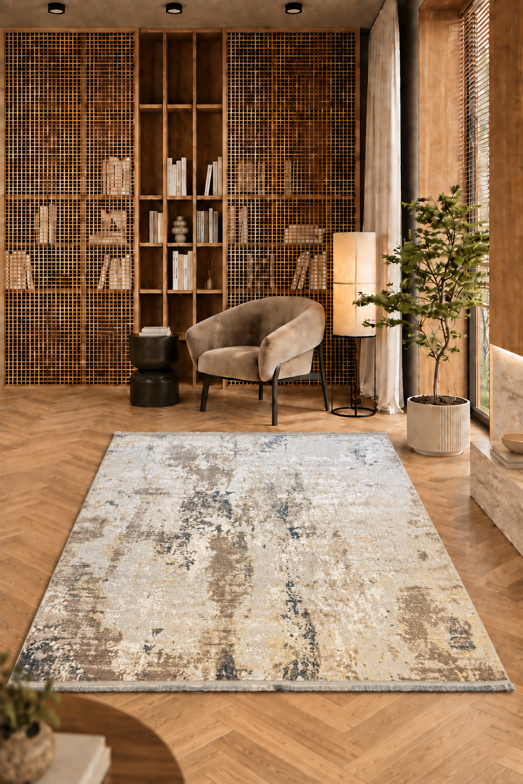 Leon “Silver Flux” Thin Art Silk Carpet – Elegant Abstract Design