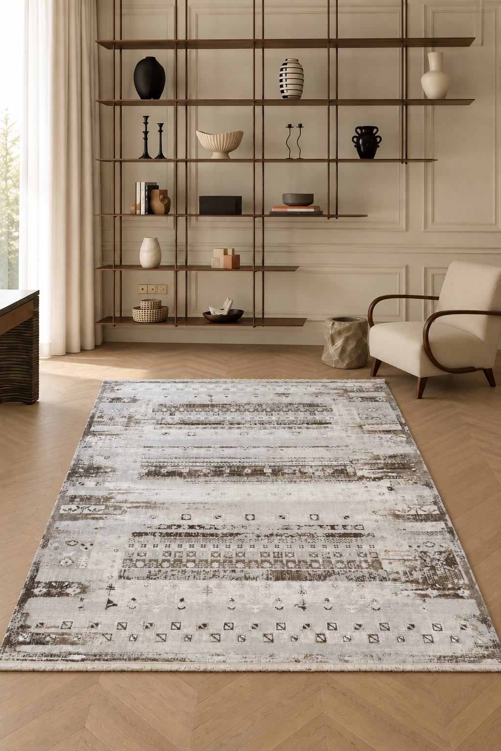 NOVA 27 White Cream Vintage Tribal Pattern Area Rug for Living Room & Bedroom