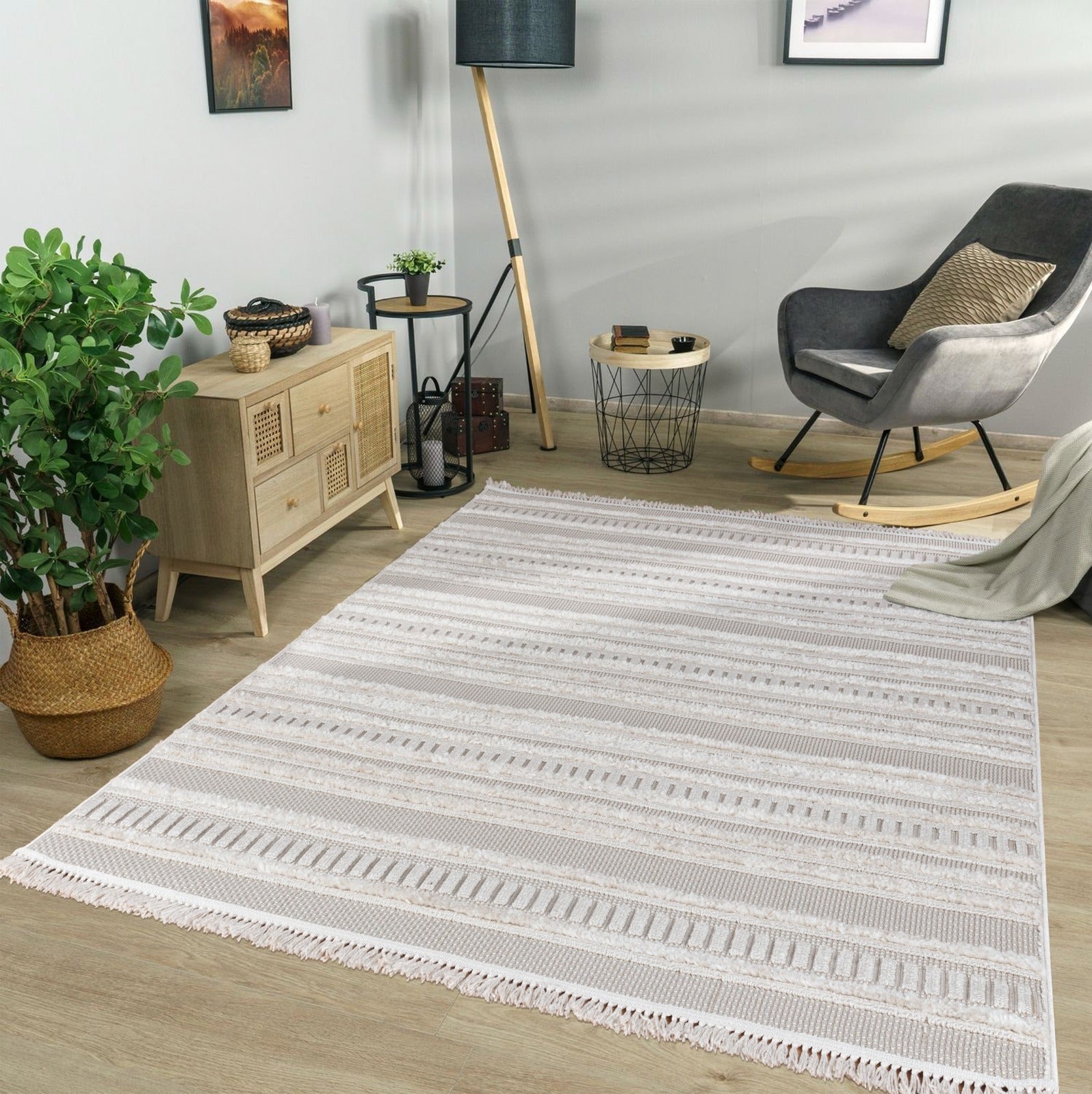 Lemans 249A Light Beige Striped Modern Carpet – Minimalist Area Rug for Living Room, Bedroom & Kitchen