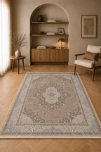 Morocco Imperial Medallion – Luxury Beige & Silver Blue Moroccan-Inspired Classic Carpet with Ornamental Border