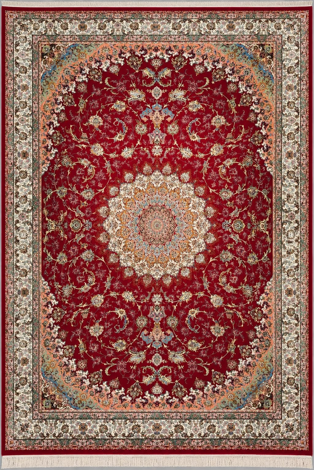 Kashan Royal Ruby Medallion – Luxury Red Persian-Inspired Machine-Made Carpet with Floral Arabesque Border