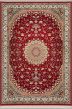 Kashan Royal Ruby Medallion – Luxury Red Persian-Inspired Machine-Made Carpet with Floral Arabesque Border
