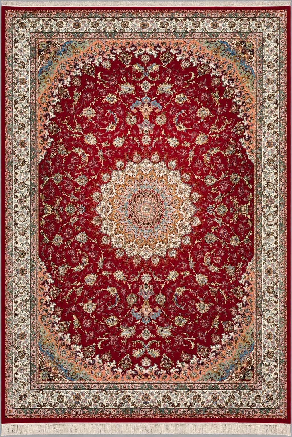 Kashan Royal Ruby Medallion – Luxury Red Persian-Inspired Machine-Made Carpet with Floral Arabesque Border