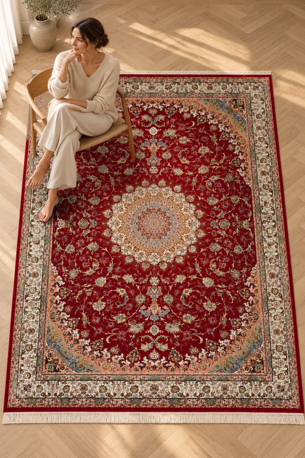 Kashan Royal Ruby Medallion – Luxury Red Persian-Inspired Machine-Made Carpet with Floral Arabesque Border