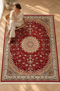 Kashan Royal Ruby Medallion – Luxury Red Persian-Inspired Machine-Made Carpet with Floral Arabesque Border
