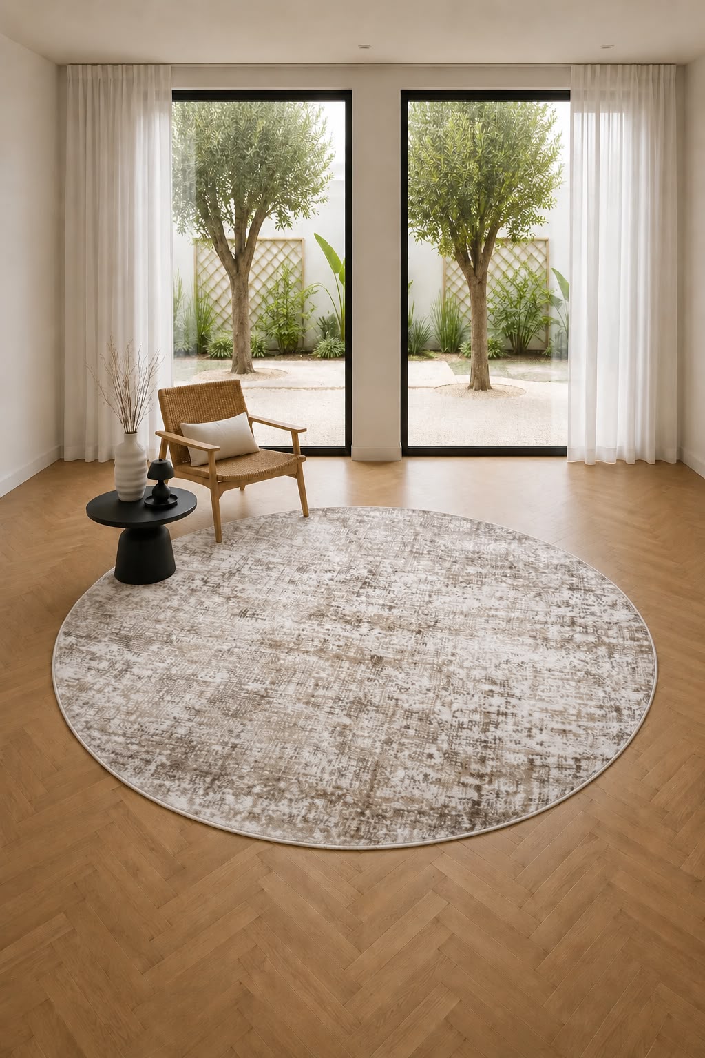 Efes 981 Sandstone Beige Abstract Luxury Round Carpet – Modern Designer Rug for Living Room & Bedroom