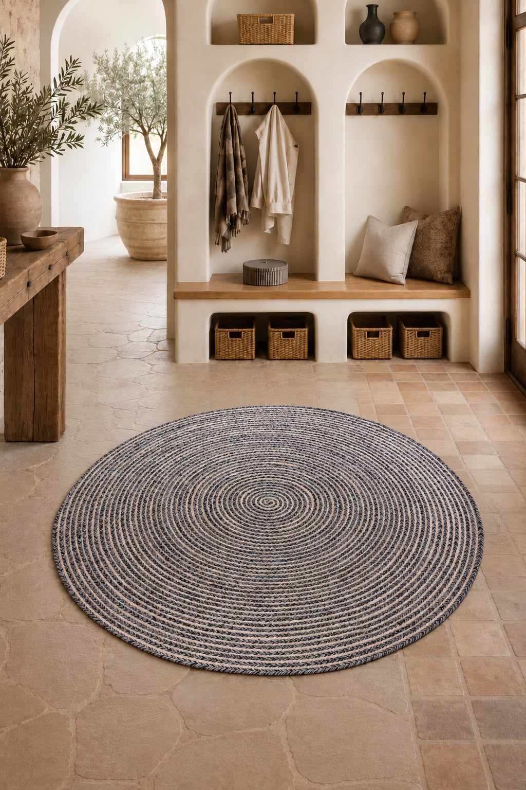 Sahara Spiral Natural Handwoven Jute & Cotton Round Carpet with Textured Braided Design