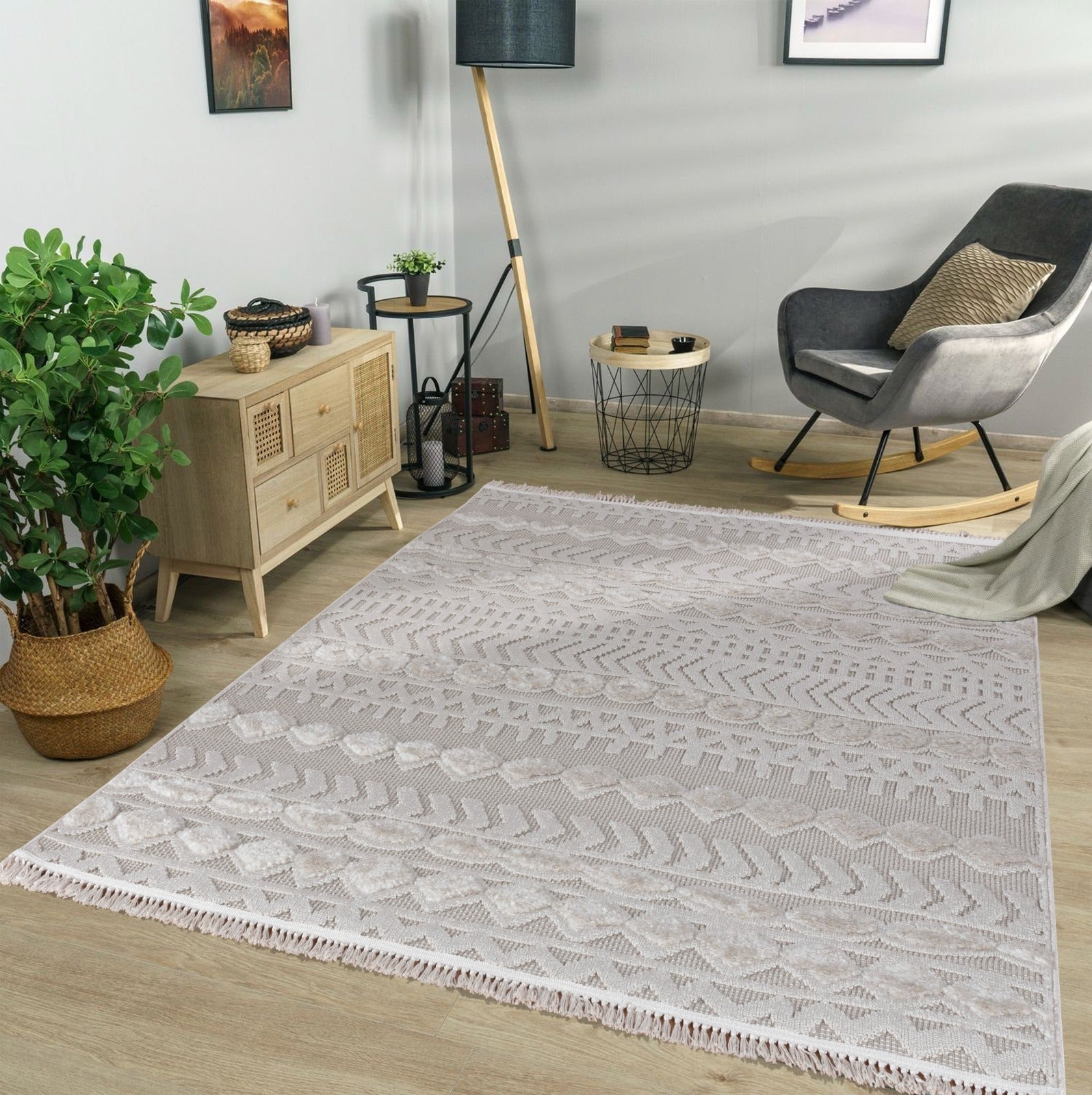 Lemans 250A Light Beige Ethnic Pattern Flatweave Carpet – Thin Turkish Rug for Kitchen & Living Room