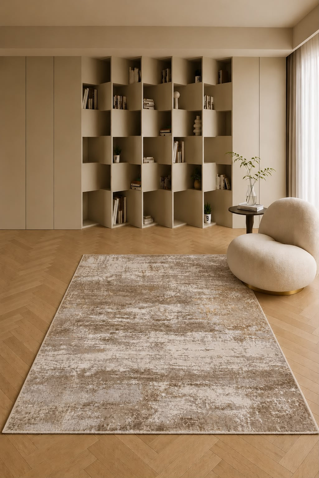Urbino Sandstone Elegance – Luxury Beige & Taupe Distressed Abstract Modern Carpet
