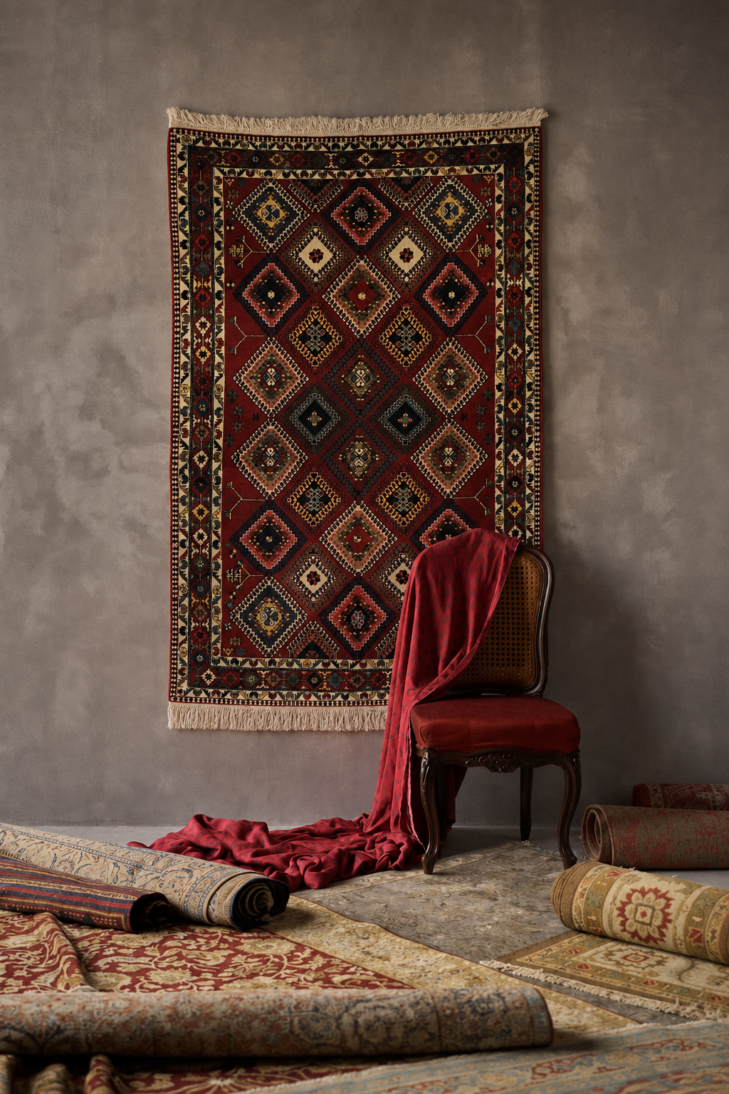 Yalami Tribal Heritage Diamond Garden Handmade Wool Carpet – Authentic Persian Nomadic Geometric Rug in Deep Crimson Red, Midnight Navy, Ivory, Sage Green & Antique Gold – 155 × 235 cm