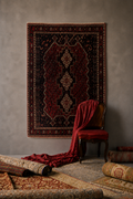 Afshar Imperial Crimson Triple Diamond Medallion Handmade Persian Wool Carpet – Authentic Nomadic Tribal Rug with Animal Motifs in Deep Ruby Red, Charcoal Black, Warm Ivory & Earthy Rust – 135 × 190 cm