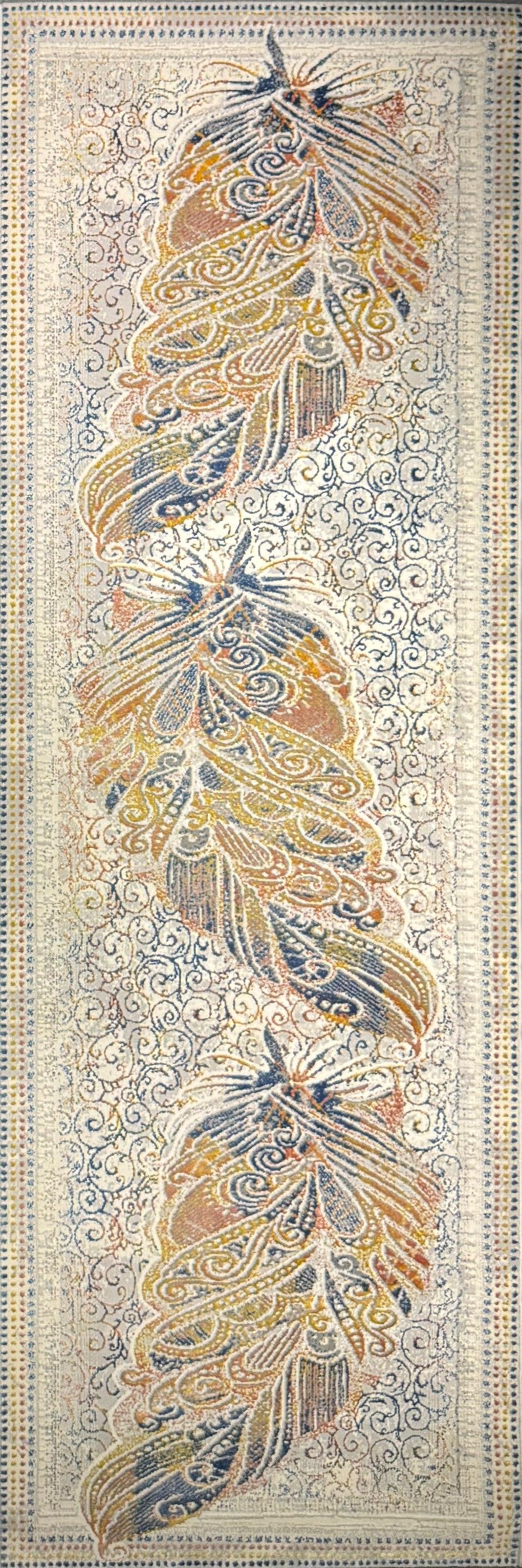 Harir Zumrut “Royal Feather” Vintage Runner Rug – Blue, Gold & Cream Persian Style Corridor Carpet