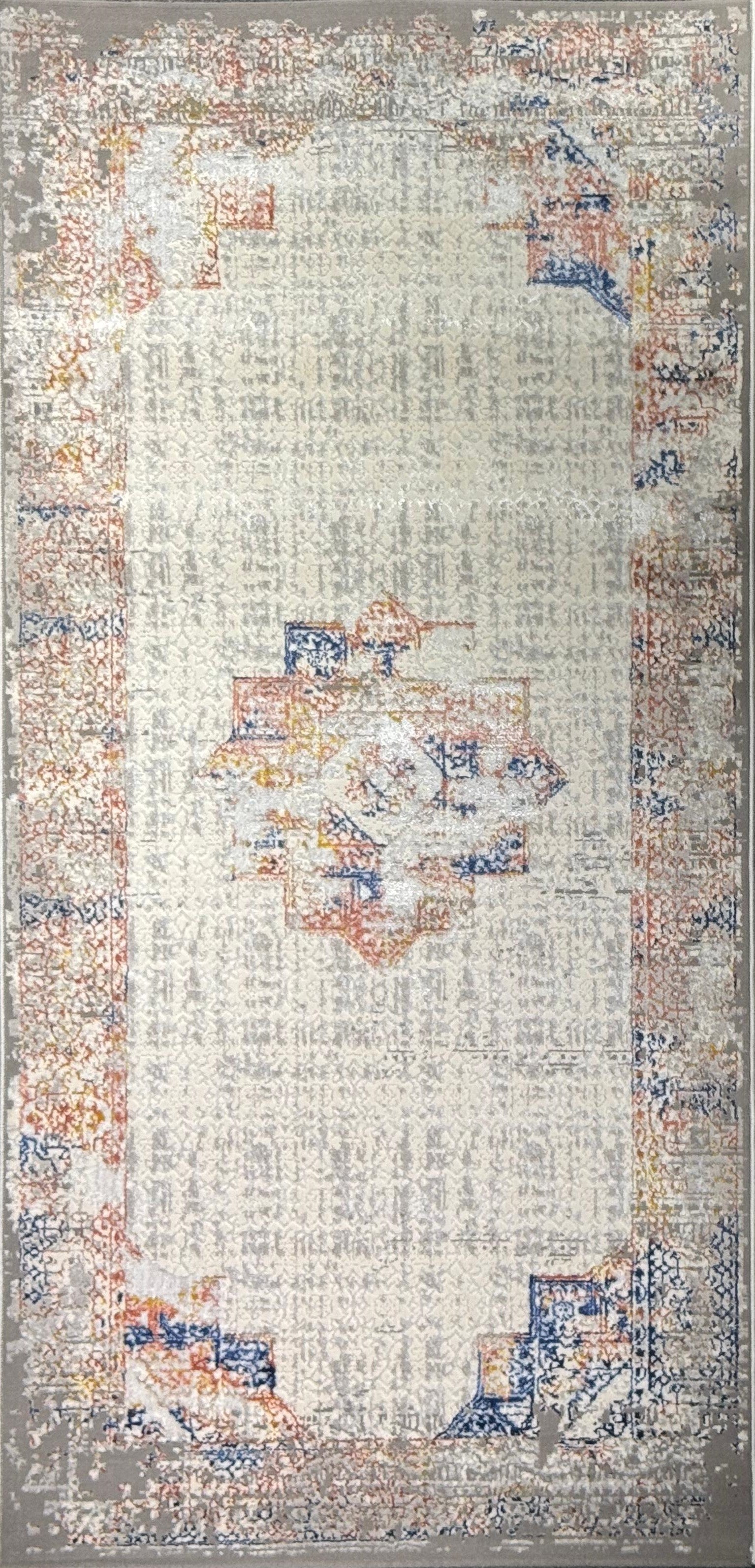 Harir Zumrut “Vintage Mosaic” Modern Oriental Rug – Cream, Blue & Rust Distressed Area Carpet