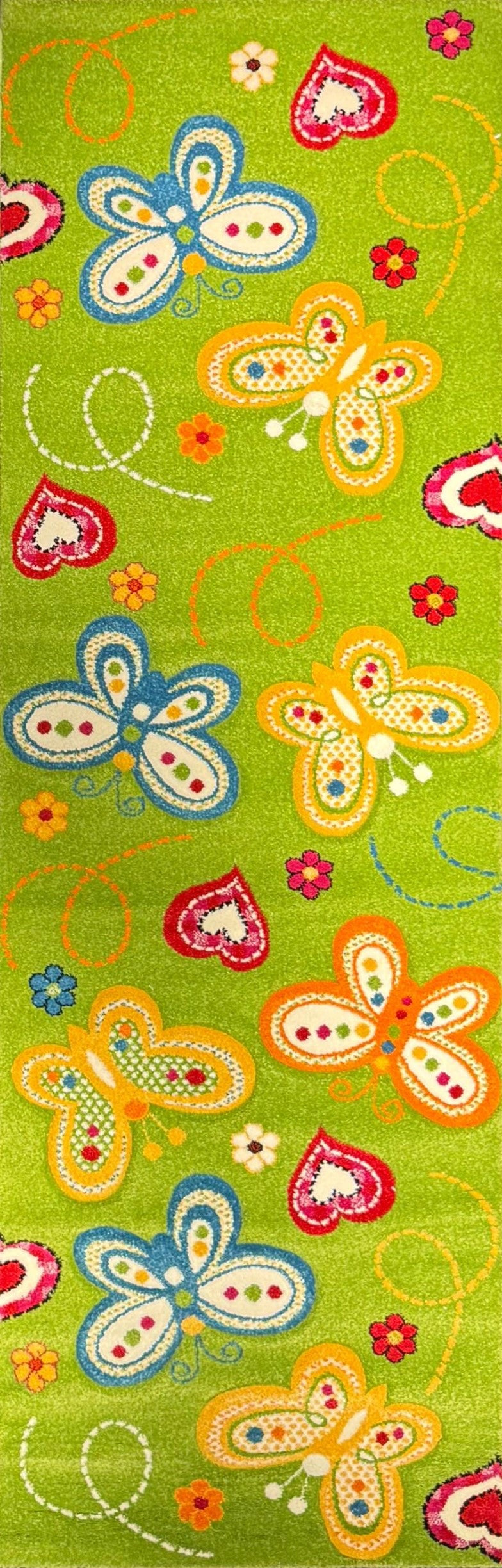 Kids “Butterfly Garden” Playroom Rug – Green Colorful Kids Carpet with Butterflies & Hearts