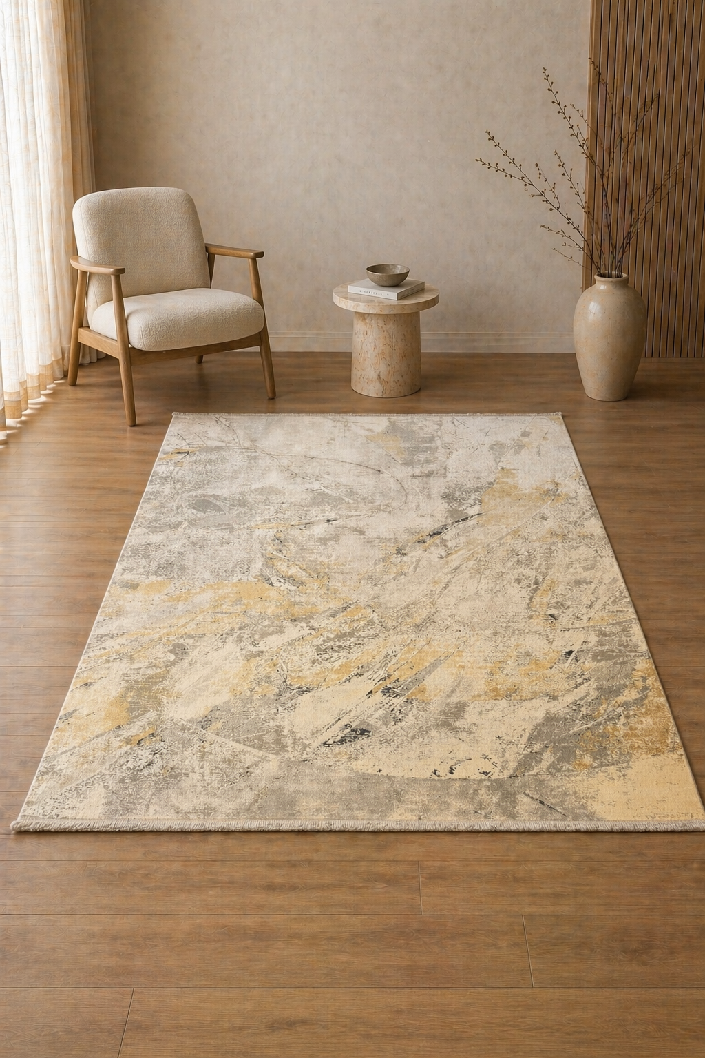 Leon “Golden Veil” Thin Art Silk Carpet – Modern Abstract Elegance