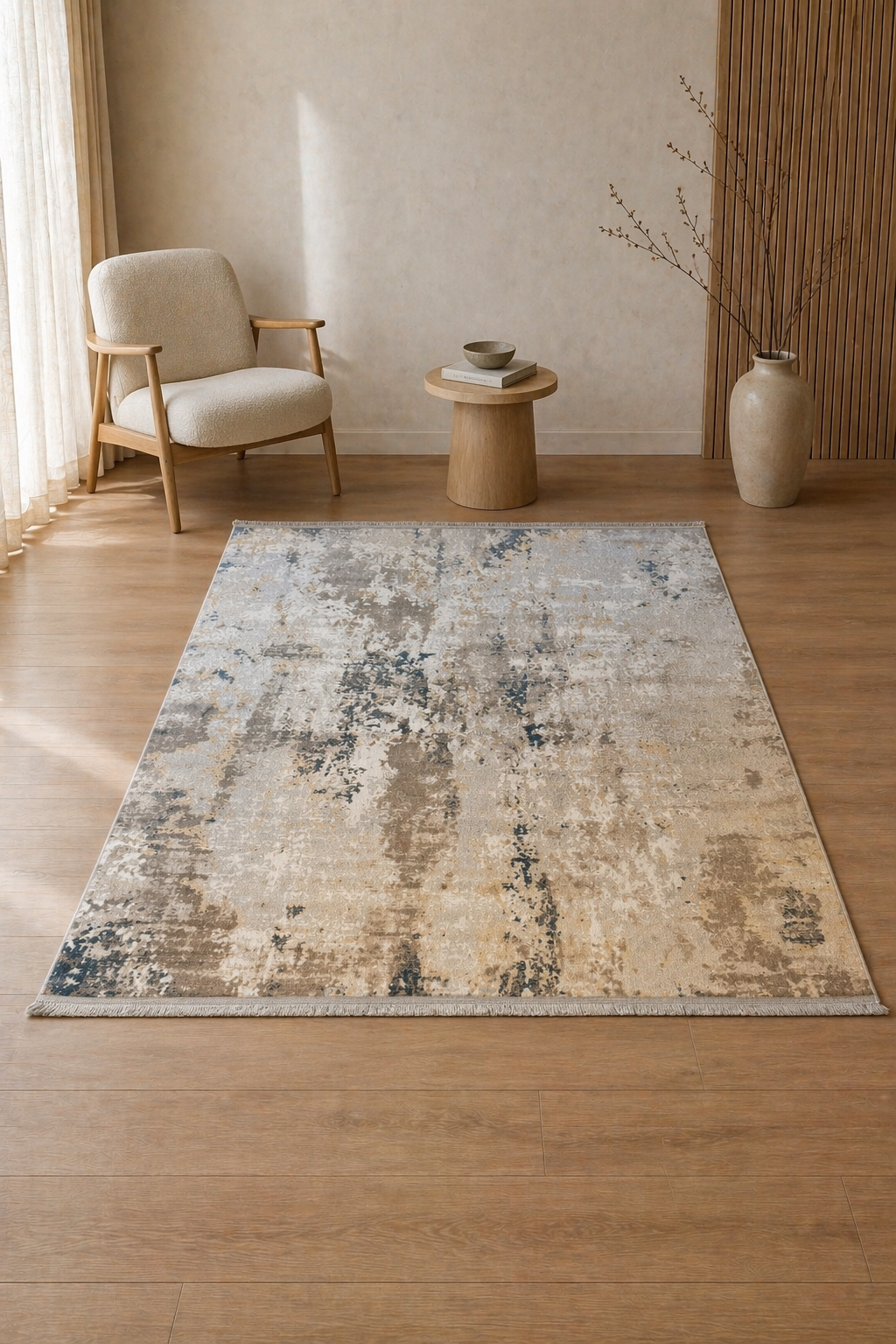 Leon “Silver Flux” Thin Art Silk Carpet – Elegant Abstract Design