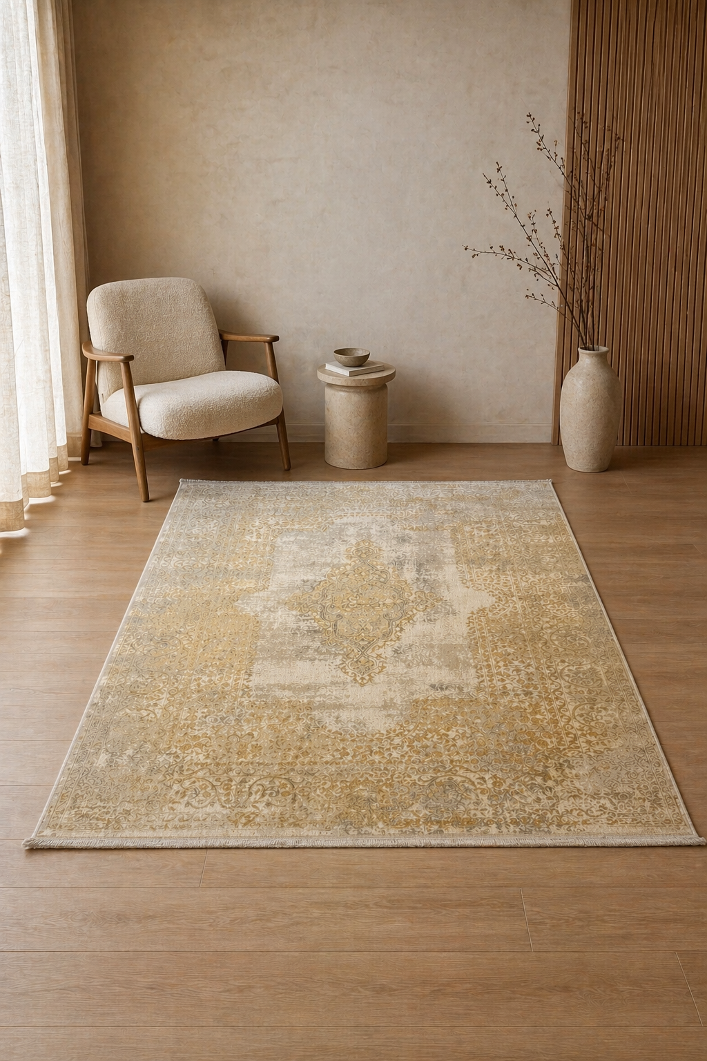 Leon “Golden Reverie” Thin Art Silk Carpet – Vintage Elegance Reimagined