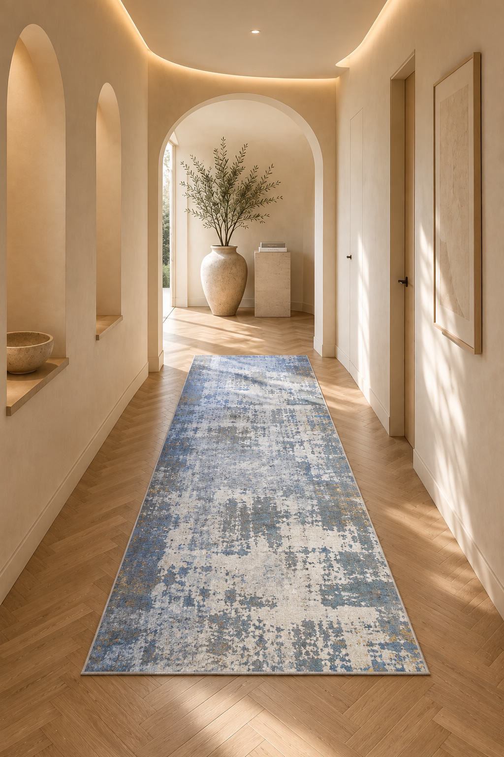 Porto 268 Modern Abstract Runner Carpet – Blue, Grey & Ivory Contemporary Hallway Rug