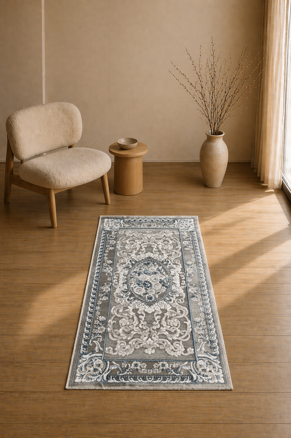 Pastel Imperial Neoclassic Carpet – Grey Elegant Medallion Style Area Rug