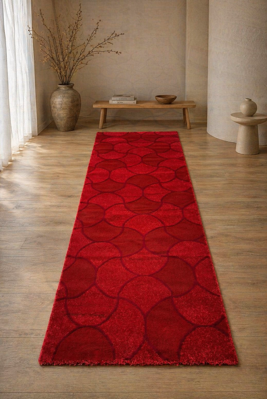 Pearl Red Abstract Circle Runner Carpet – Modern Soft Texture – 100×300 cm – Made in Turkey